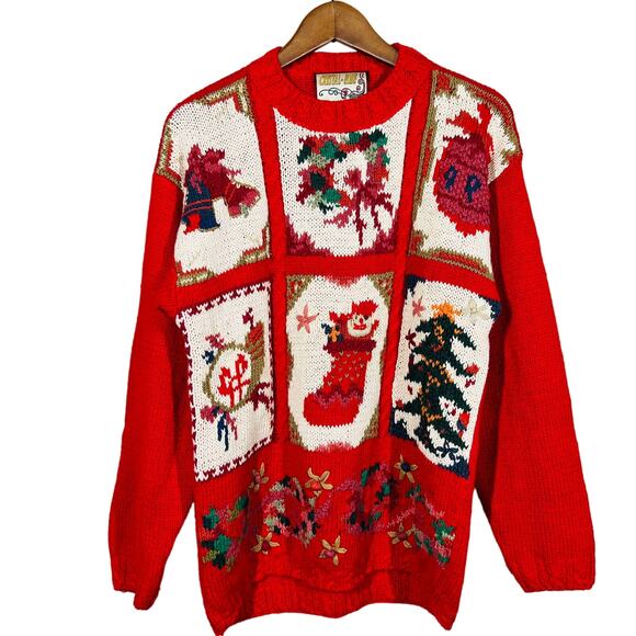 Vintage Christmas Sweater Crystal Kobe Crewneck Red Knit Holiday - S - Picture 1 of 7